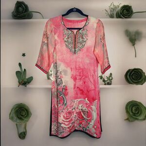 Boho Pink Floral Slip Dress - 3/4 Sleeve, Size Small, No Tags